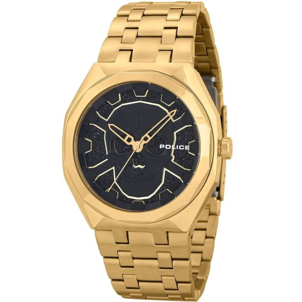 Police Octagonal Skull Watch Glitter Accents Men Gold Watches